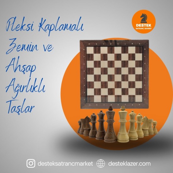 Ahşap Üzeri Pleksi Kaplama Satranç Zemini (54x54cm-UV Baskı) - Ahşap Ağırlıklı Satranç Taşları (95mm)